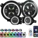 SUNPIE 9 Inch RGBW Halo lights with Fog Lights Combo Compatible with 2018 2019 2020 2021 2022 2023 2024 2025 JL JLU 4XE Compatible with 2019 2020 2021 2022 2023 2024 2025 JT APP Control Remote Control