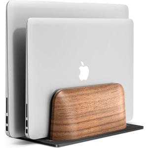 UPERGO Vertical Laptop Stand, Dual Slot Wooden Laptop Holder Vertical for Desk, Width Adjustable Dock for MacBook Pro and Other Laptops