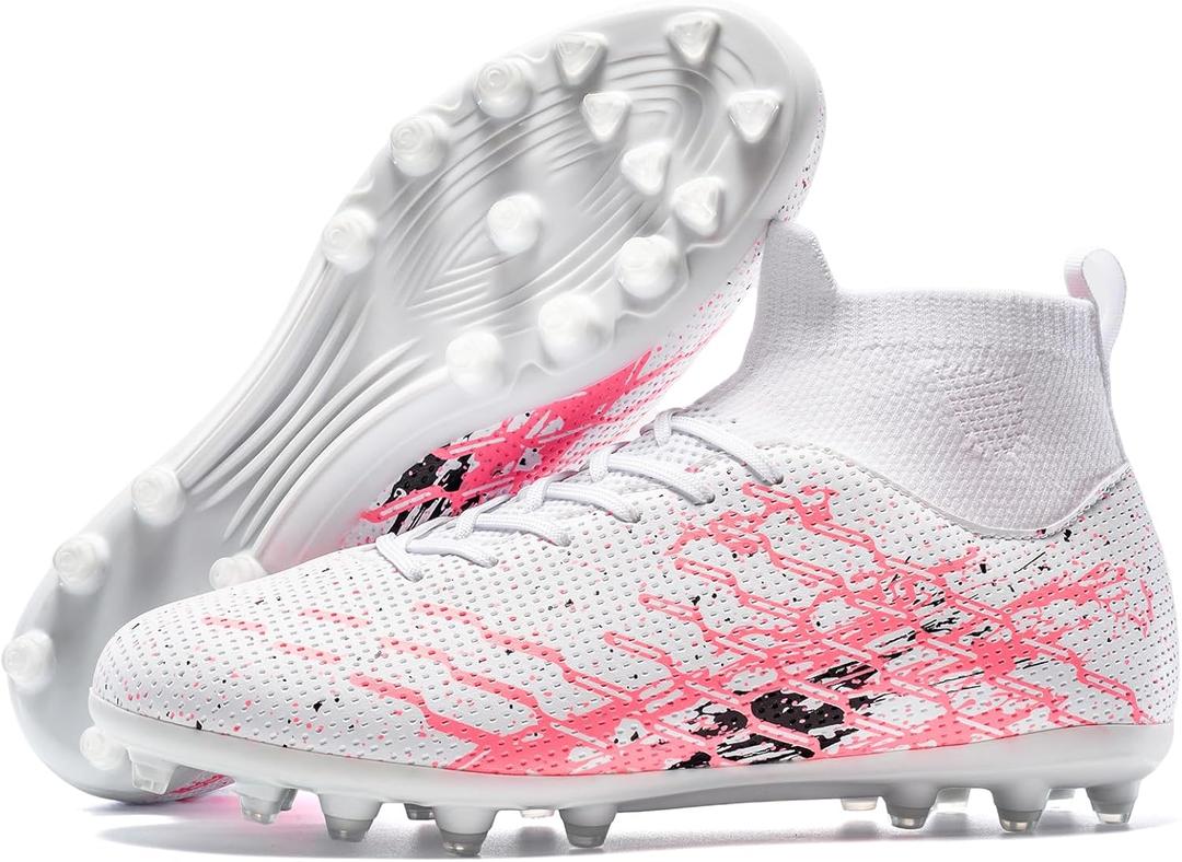 Kids Slip On Soccer Cleats for Boys Girls Youth Training Football Shoes, 1 Little Kid, Pink/White