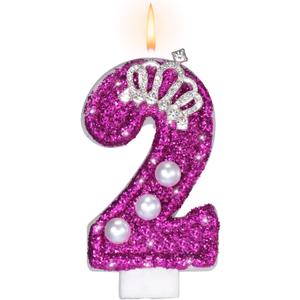 Saododku Birthday Candles, Number Candles for Birthday Cakes, Purple Birthday Candles Sparklers with Pearls, 2.9" Number 2,6,7,1,6, Candle for Birthday Cake Girl, Set of 5