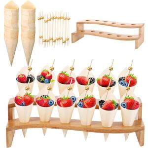 Queekay Food Cones 100 Pcs Disposable Paper Cone for Food with 12 Holes Wood Ice Cream Cone Holder Stand Charcuterie Cones Holder 100 Fancy Toothpicks for Catered Events Buffets Parties(Curved)