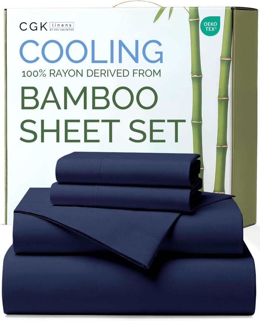 100% Rayon Derived From Bamboo - Bamboo Sheets Queen Size - Cooling Sheets for Queen - Soft, Breathable & Hotel Luxury Bedding - 1 Flat & 1 Fitted & 2 Pillowcases w/ 18 Inch Deep Pockets - Navy Blue