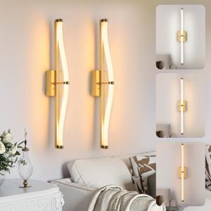 Lanxithen Gold Battery Operated Wall Sconces Set of 2, Rechargeable Wall Sconce with Remote, 3 Color Dimmable Sconces Wall Lighting, Wireless Wall Light for Living Room, Bedroom