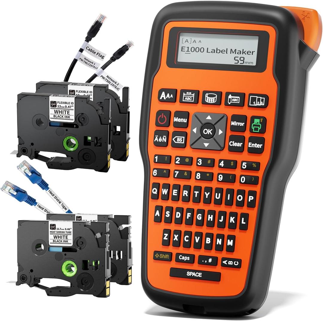 VolenGo Label Maker Machine withTape, Heat Shrink Label Maker WaterproofLabels, Wire Cable label Maker, E1000 Labeler Machine withTape 12mm Laminated Handheld Labeling Machine for Industrial Office
