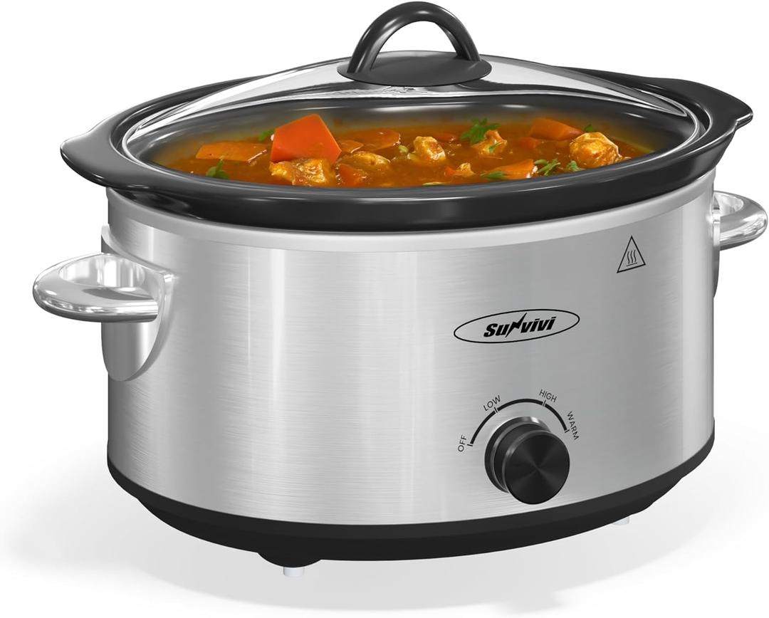 Sunvivi Small Slow Cooker 4QT, Mini Food Warmer with 3 Heating Settings, Removable Ceramic Pot, Dishwasher Safe Glass Lid, Stainless Steel, Silver (4Quarts-Silver)