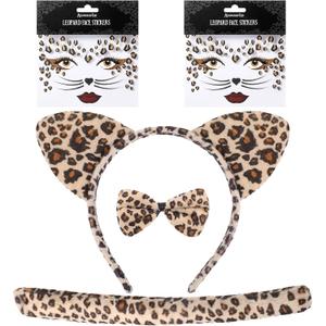 Janinka Cheetah Costume Set Dalmatian Dog Ears Headband Cheetah Leopard Cat Tail Bow Tie Face Stickers for Halloween Cosplay