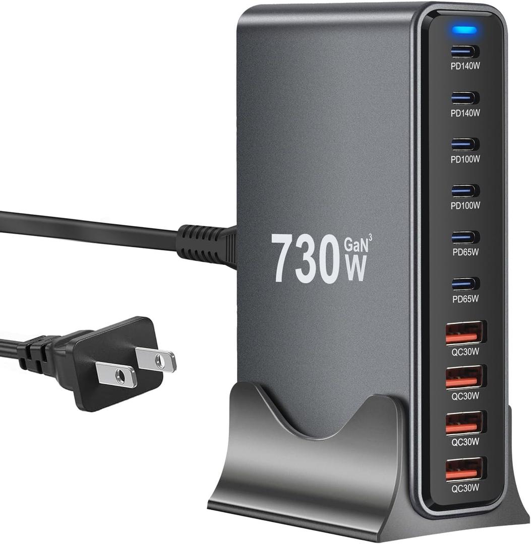 730W USB C Charger Block, 10 Port Fast USB Charging Station for Multi Devices, GaN Charging Block Double 140W/100W/65W PD PPS Port Laptop Charger Compatible with MacBook Pro/Air/iPhone 16/15/Samsung