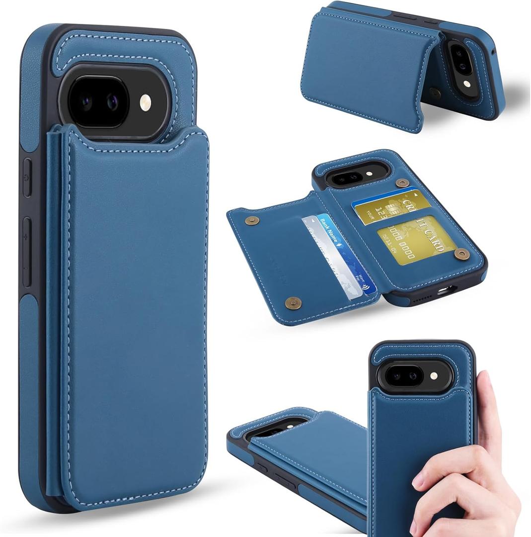 ASAPDOS for Google Pixel 9a Case with Card Holder,PU Leather Shockproof Flip Case with RFID Blocking Card Holder and Kickstand for Men Women Blue