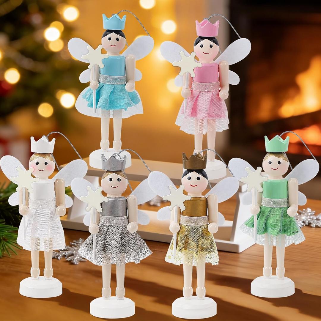 Joliyoou Set of 6 Fairy Nutcracker Ornaments, 5 Inch Each Christmas Tree Hanging Decorations with Ballet Princess Figures, Multicolored Wooden Xmas Ornaments for Home Holiday Decor