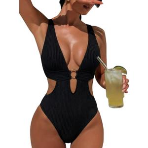 Women Sexy High Cut Cheeky One Piece Swimsuits Monokini Plunge V Neck Cutout Bathing Suit Beach Pool Party Rave Outfits (Black, L)