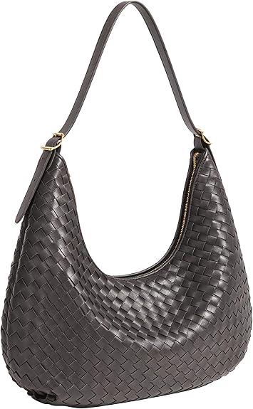 Woven Hobo Bag for Women, Crescent Shoulder Bag, Soft Vegan Leather, Gold Zipper, Daily Work Handbag