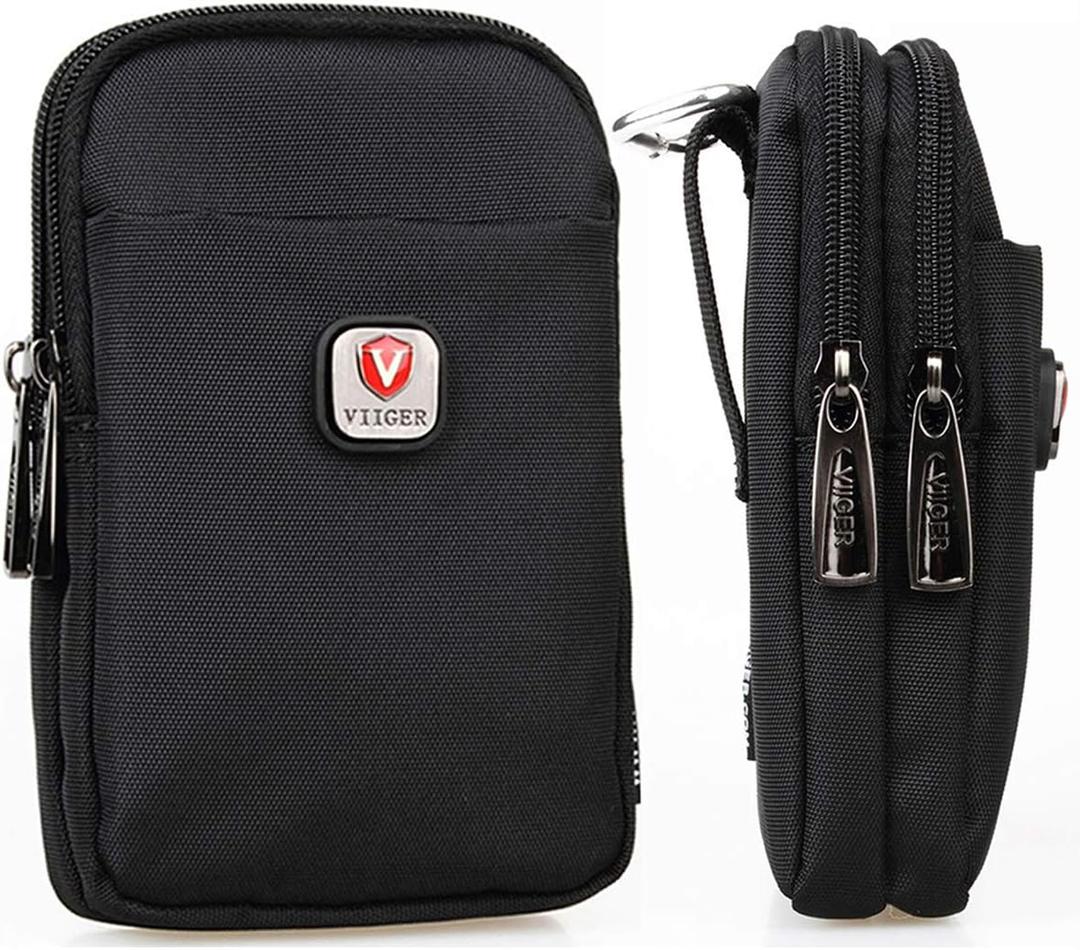 VIIGER Versatile Nylon Dual Phone Holster Cellphone Belt Case Holder Mens Belt Pouch w/Clip Smartphone Belt Loop Pouch Bag 2 Zipper Pockets Compatible with iPhone 15 Pro Max Case 16 Pro S25, Black