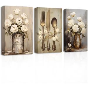 CXHOSTENT Farmhouse Kitchen Wall Art 3 Piece Rustic Flower Canvas Prints Country Tableware Pictures Wall Decor Vintage Kitchen Framed Artwork (16.00"x24.00"x3P)
