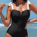 Aleumdr Women's One Piece Swimsuits Tummy Control Bathing Suits V Neck Boho Tie Shoulder Ruched Full Coverage Swimwear (Black, XL)