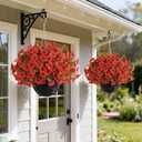VIERENA 2 Sets Artificial Morning Glory and Eucalyptus Hanging Basket for Outdoor, UV-Resistant Fake Flower Hanging Basket, Suitable for Porch, Aisle, Garden, Patio, Eaves Decor (Red)