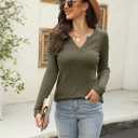 Women's V Neck Waffle Knit Henley Tops Casual Long Sleeve Pullover Sweater Blouses (S)