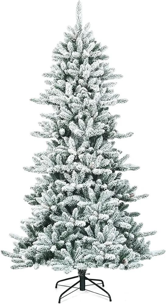 7Ft Snow Flocked Artificial Christmas Tree, Hinged Slim Pine Tree with Pine Cones, 1108 Branch Tips, Sturdy Metal Stand, Xmas Full Fake Tree for Home, Office, Party Indoor Decoration