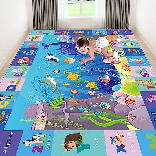 LTKOUGFAM Baby Mat for Floor, Sea Animal Play Rug, ABC Kids Rugs for Playroom, Ocean Playmat Crawling Tummy Time Mat, Non-Toxic Non-Slip Foldable Mats (110.2X78.7 INCH)