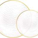 Rubtlamp 100Pcs Clear Gold Plastic Plates, Disposable Plates With Gold Rim, Heavy-duty Party Platos, Hammered Plastic Plates Include 50 Clear Dessert Plates, 50 Dinner Plates for Party