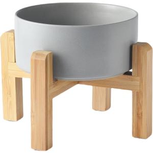 6'' Ceramic Raised Dog Bowl - 30Oz Dog Food & Water Bowl with Elevated Non-Slip Bamboo Stand, Dishwasher & Microwave Safe, Anti Vomiting Heavy Duty Pet Bowl for Small and Medium Dogs, Grey