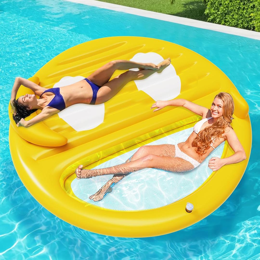 Inflatable Tanning Pool Lounger Float,Lake Floats for Adults - 71" X 71" Large Pool Floats with Headrest and Cup Holder Sunbathing Pool Lounge Raft Floatie Toys Water Filled Bed Mat Pad (yellow)