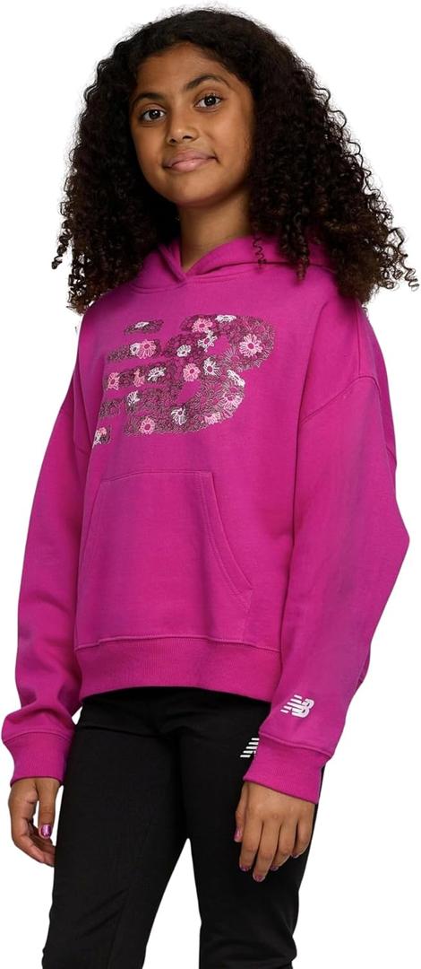New Balance Girls Hoodie  Cute Comfy Soft Fleece Cotton Blend Pullover Sweatshirt, Drop Shoulder, Sizes 4-16 (7-8, Magenta)