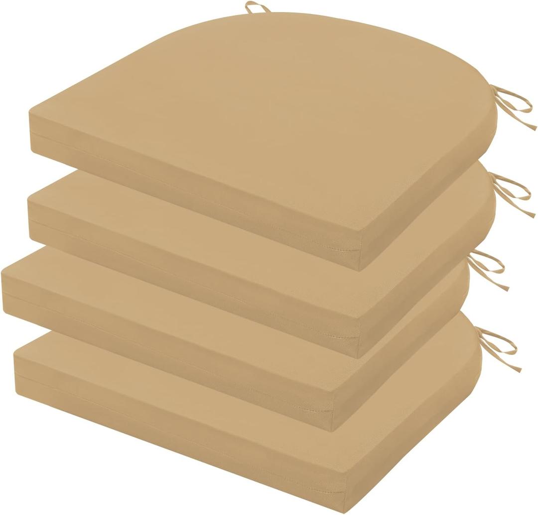 Outdoor Chair Cushions Set of 4, 17 x 16 Inch Patio Furniture Cushions, Water Resistant, Non-Slip Ties (Khaki)