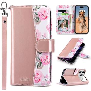 ULAK Compatible with iPhone 17 Pro Wallet Case with Card Holder, PU Leather Case with Kickstand Card Slots Wrist Strap, Durable Shockproof Protective Cover 6.3 Inch, Rose Pink Floral
