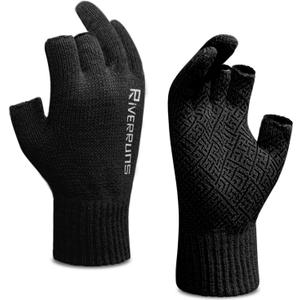 Riverruns Wool Fishing Gloves - Winter Fingerless Knitted Gloves for Men and Women 3-Cut Fingers Warm Gloves for Cold Weather, Fly Fishing, Ice Fishing, Kayaking (Small-Medium, Black)