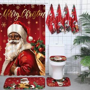 Honoson 8 Pcs Christmas Black Santa Claus Shower Curtain Set with Rugs and Kitchen Towels African American Christmas Bathroom Decor Black Santa Claus Shower Curtain Decorations Xmas Farmhouse Gifts