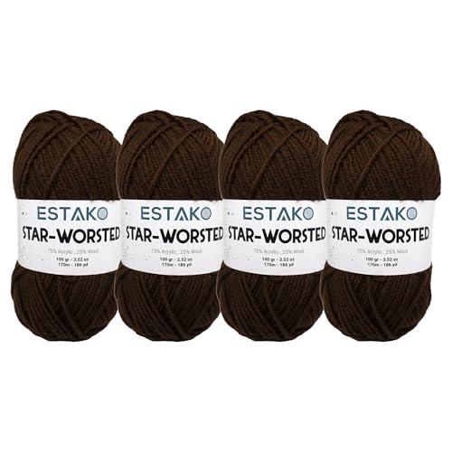 Estako Star-Worsted Yarn - (4 Skeins Pack) - 75% Acrylic 25% Wool - Soft Medium Weight #4 - (4 x 3.52 oz / 4 x 186 yds) - Crochet & Knitting Yarn (47013 - Brown)