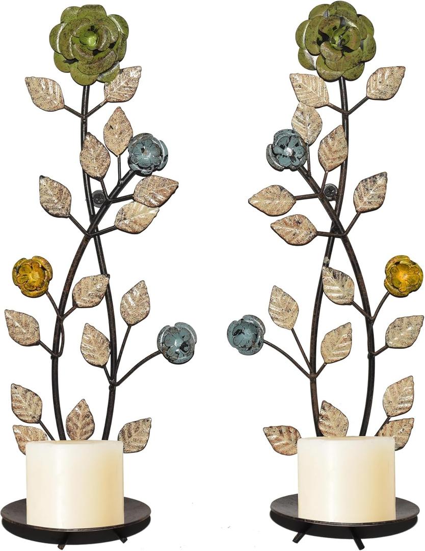 Wall Sconces Candle Holder Set of 2, Antique White Leaf and Flower Branch Wall Mount Hanging Metal Wall Candle Holder Candle Sconce for Living Room Dining Room (Vintage Color-4)