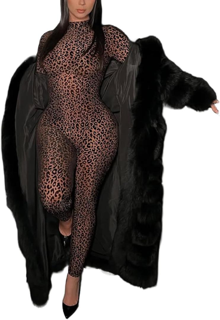 Womens Sexy Club Outfit Leopard Print Jumpsuit for Women Bodycon Cheetah Romper Y2K Birthday Party Night Out Streetwear (Brown, S)