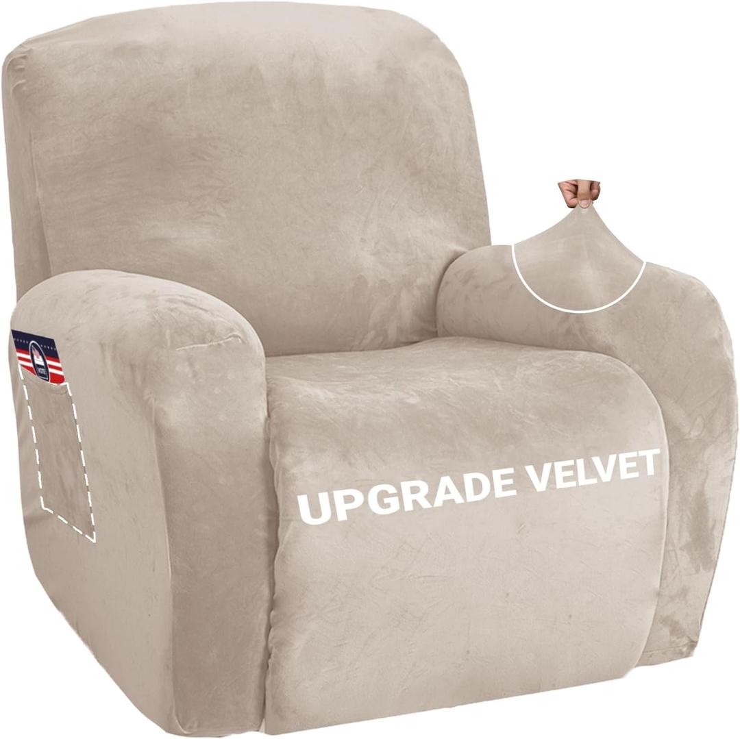ZNSAYOTX Stretch Velvet Recliner Cover 4-Pieces, Thick Soft Recliner Chair Slipcover with Pocket, Non-Slip Elastic Bottom for Kids Pets, Luxury Plush Reclining Protector Comfy Washable (Khaki)