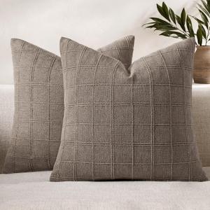 Woaboy Linen Check Throw Pillow Covers Taupe Gray Farmhouse Modern Boho Vintage 18x18 Inch Set of 2 Decorative Cushion Covers for Sofa Couch Bedroom Living Room Home Decor