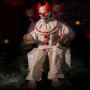 Halloween Animatronic Sitting Clown, Halloween Animated Decorations with Sound Activated, Creepy Sound, Light Up Eyes, Scary Move, Haunted House Holiday Spooky Decor Horror Prop, for Indoor Outdoor