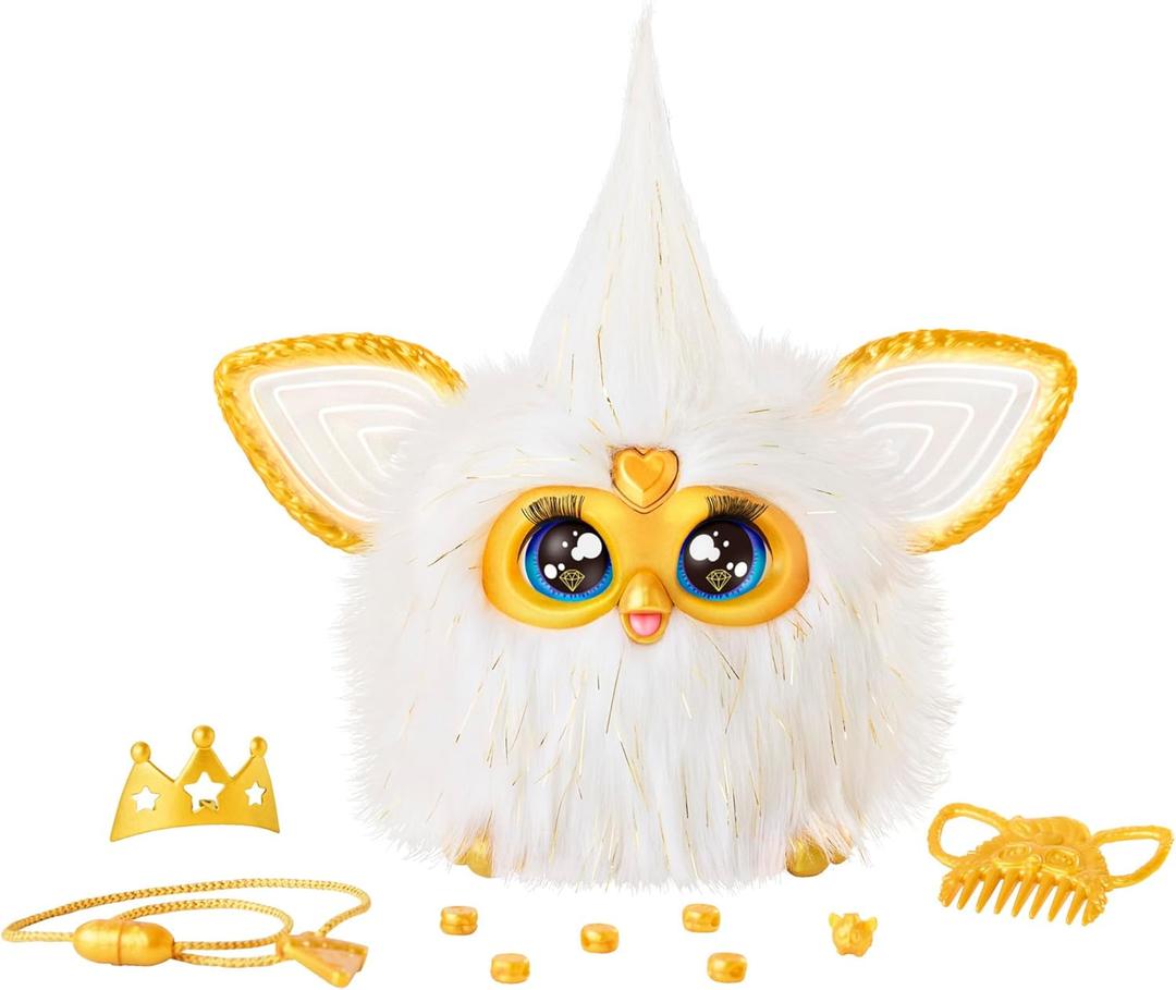 Furby Gold Glam Interactive Plush Toys for 6 Year Old Girls & Boys & Up, Voice Activated Animatronic, Speaks English & Furbish, White 