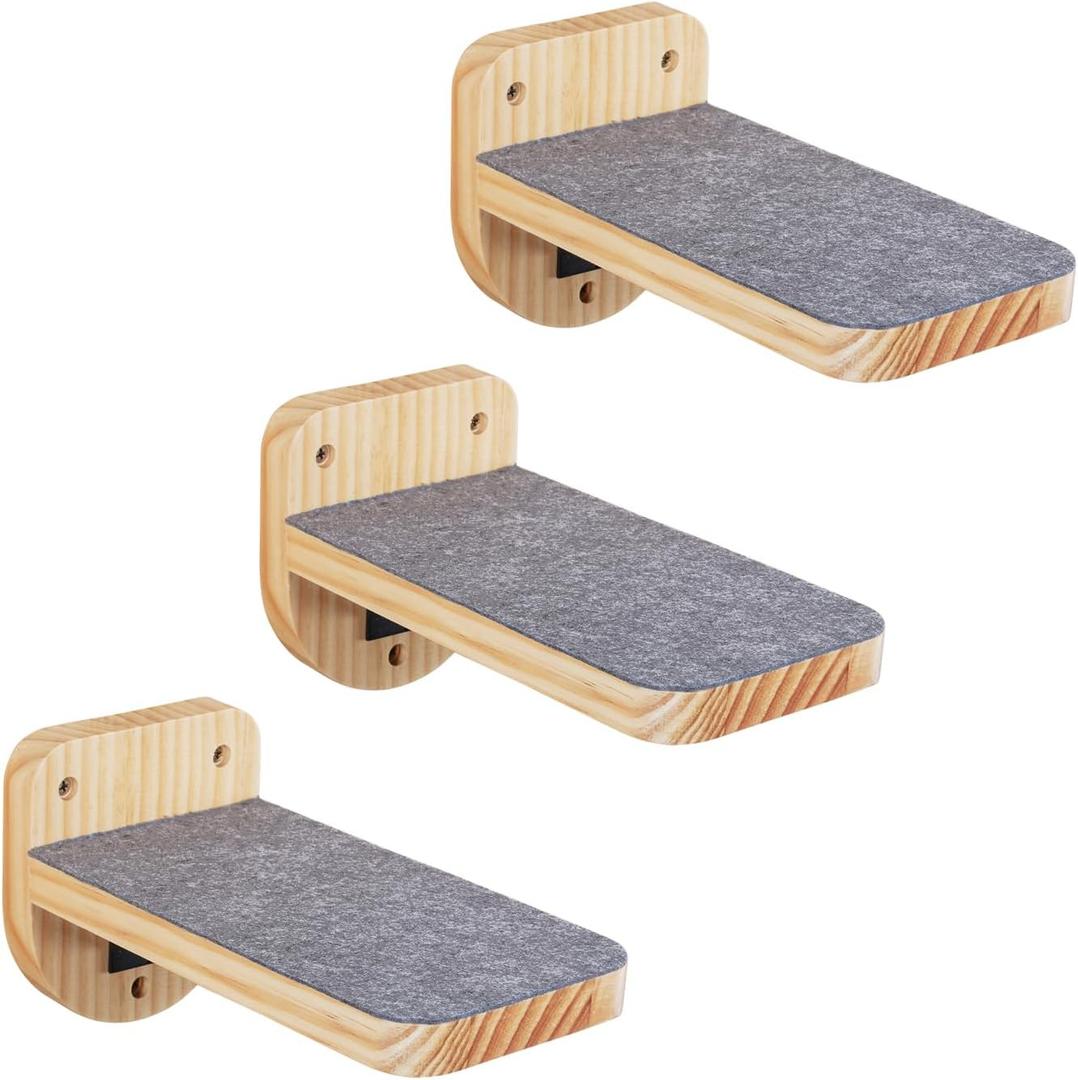 ESPETS Set of 3 Natural Wood Cat Wall Steps Floating Ladder Stairs- Wall Mounted Wooden Cat Shelves and Perches - Holds up 30lbs