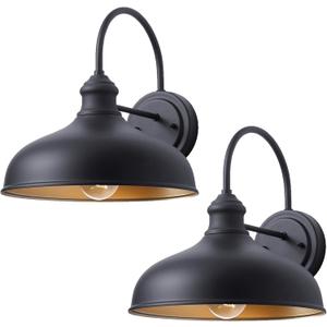 2 Pack Goosenck Barn Lights Outdoor, 10 Inch Dome Farmhouse Exterior Lighting for Porch, Matte Black Wall Mount Light with Brass Interior, Outside Barn Style Wall Sconce for Patio, Garage (10" Dome, Black and Gold)
