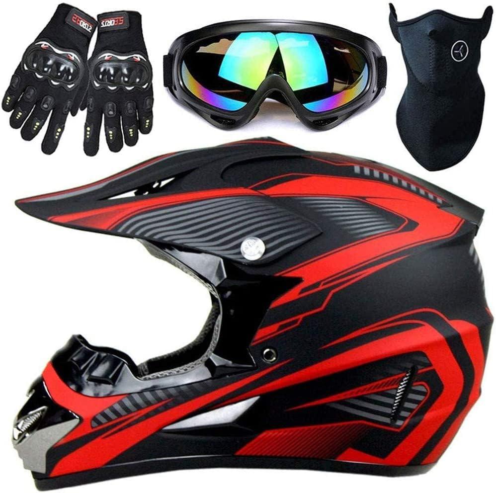 Motocross Helmet,Youth & Kids ATV Dirt Bike Motorcycle, BMX 4-Wheeler Off-Road Mountain Bike Helmet,DOT Certified,W/Gloves Goggles Mask 4-Piece Set (01 RED, Small)