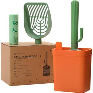 Cactus Cat Litter Scooper with Holder - 2 Replaceable Wheat Straw Plastic Shovels & ABS Handle and Box - Cat Litter Scoop with Bag & Trash Bag Storage - Premium Kitty Litter Scoop Green