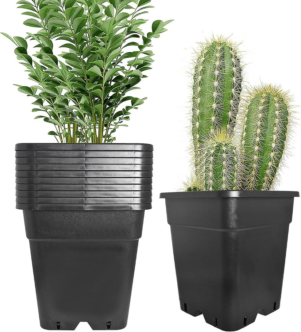 10 Pack Square Planter Nursery Pots 5.2 Gallon Pots for Plants, Plastic Flower Pots, Black Grower Pots with Drainage Hole for Indoor and Outdoor