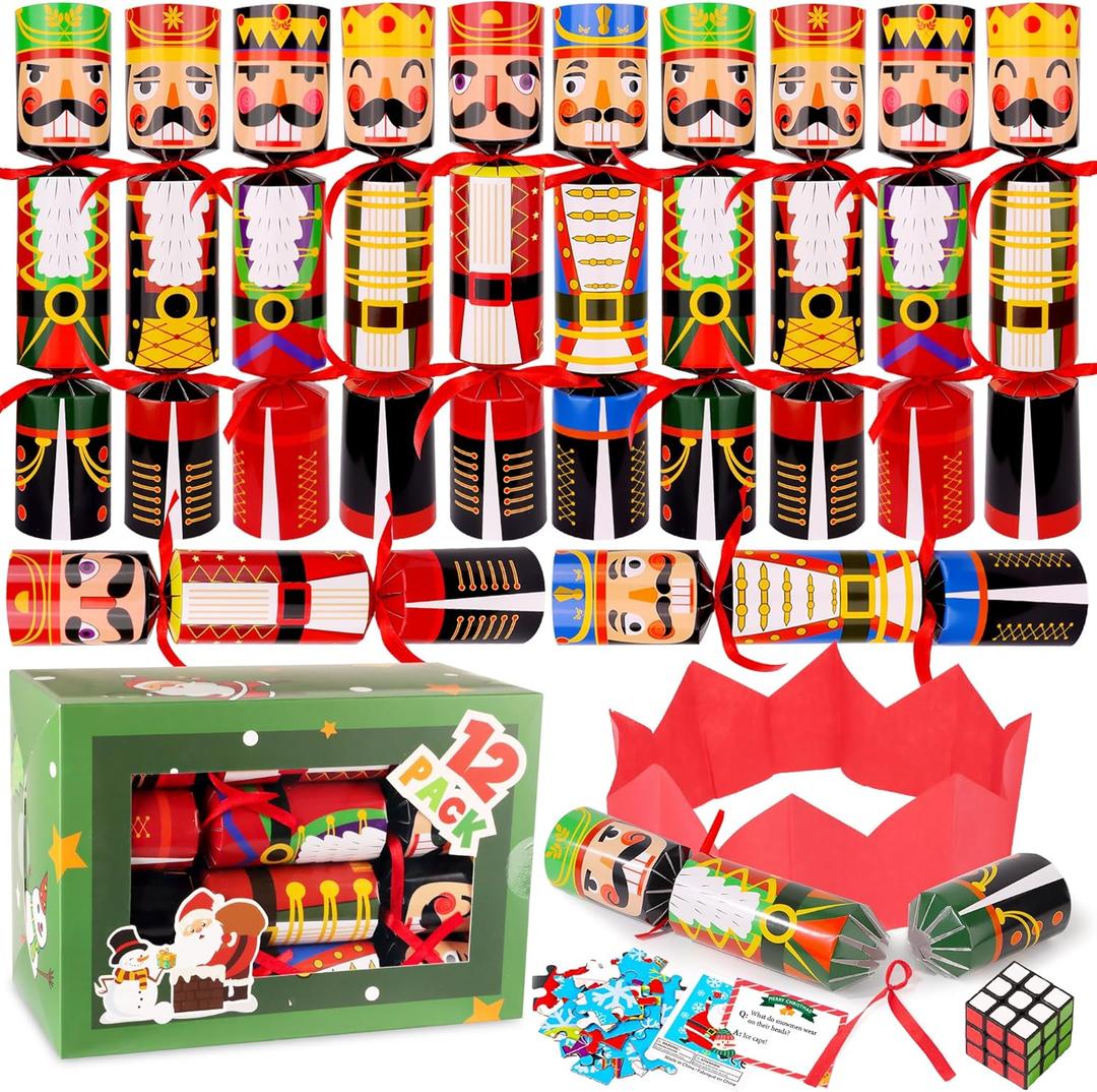 12 Pack Christmas No-Snap Party Table Favors, Christmas Table Favor with Party Hat, Joke & Little Gifts Inside for Kids and Adults, Xmas Table Decorations Seasonal Holiday Dinner Traditions Supplies