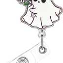 2 x Halloween Badge Reel,Cute Ghost with Floral Daisy Acrylic Badge for ID Card Badge,Fun Telescoping Retractable Badge Holder Alligator Clip Accessories for Nurse,Medical Worker,Nursing Student,Teacher
