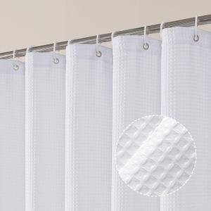 OVZME Extra Long White Shower Curtain Set- 96 Inch Long Waffle Weave Heavy Duty Fabric Shower Curtains for Bathroom, Luxury Heavy Duty Thick Cloth Shower Curtain with 12 Plastic Hooks, 72x96, White