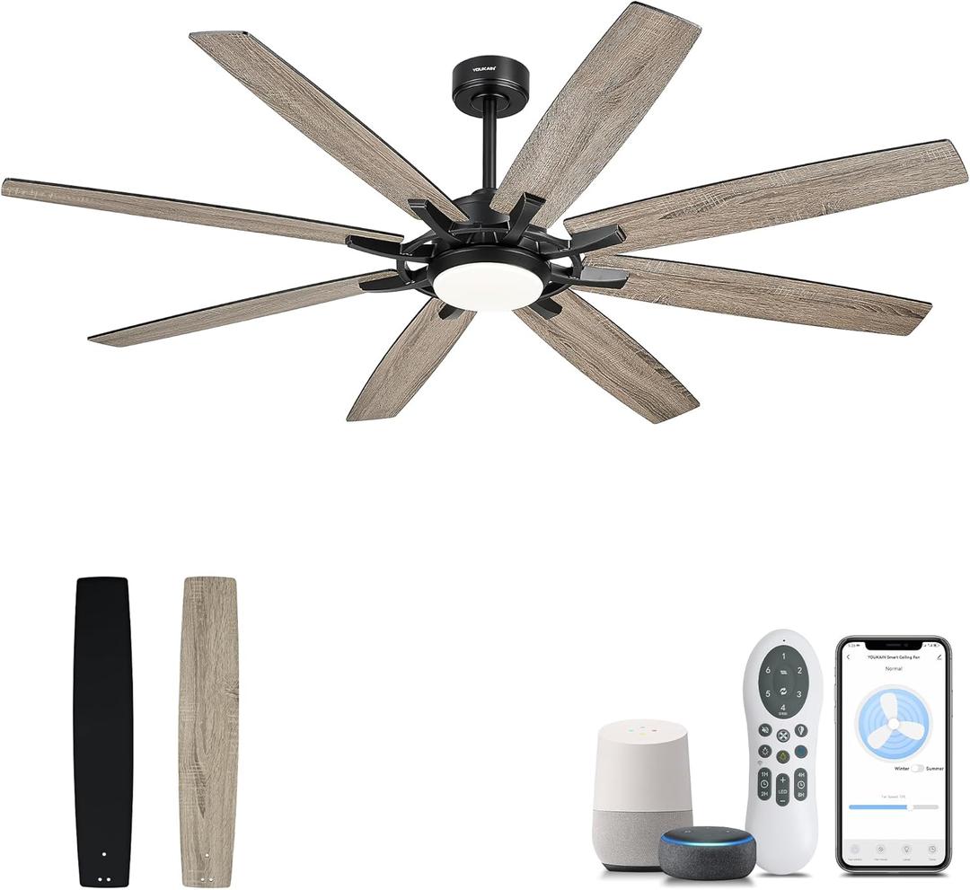 YOUKAIN 70inch Large Ceiling Fans, Indoor/Outdoor Black Ceiling Fan with Lights and Remote, Dual Finish 8 Blades, Modern Smart Ceiling Fans Work with WiFi Alexa App, 70-YJ805-BK