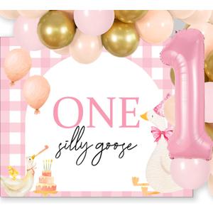 Pink One Silly Goose 1st Birthday Party Decorations Silly Goose First Birthday Girl Baby Shower Banner Backdrop for Goose Theme White Balloons Decor Party Supplies