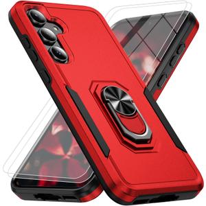 for Samsung Galaxy A35 5G Phone Case with 2X Tempered Glass Screen Protector, Heavy-Duty [Military Grade] Shockproof Kickstand Case for Samsung Galaxy A35 5G (Red)