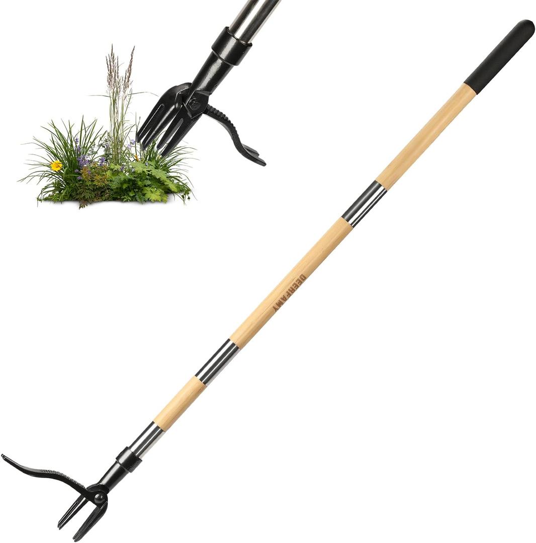 DEERFAMY Stand Up Weed Puller Tool with Long Handle, Manual Weeder with 3-Section Bamboo Construction & 4-Claw Steel Head Design, Gardening Hand Tool for Easy Weed Removal