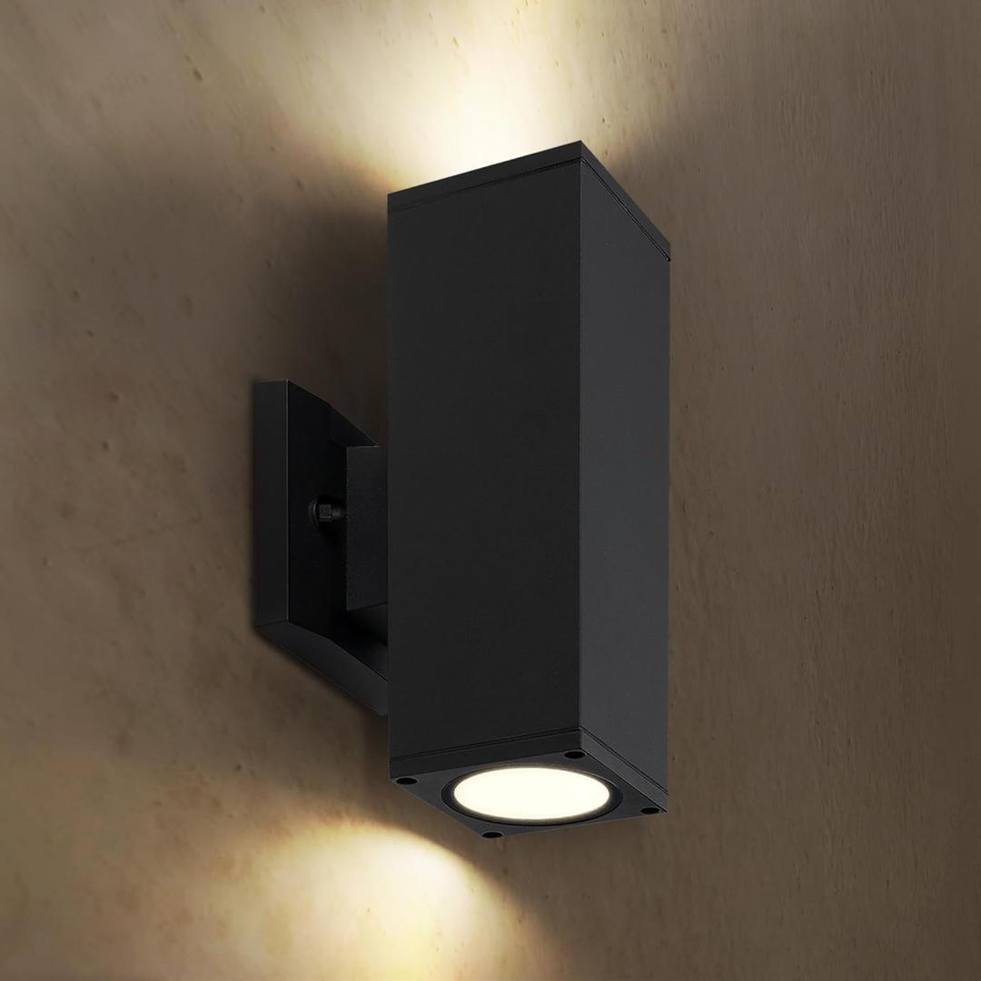 ASD 2 Light Square LED Indoor & Outdoor Wall Light Fixture | 18W 1900LM 3000K-5000K 120V Cylinder Up Down Lights | Dimmable Exterior Wall Sconce | Front Door, Porch, Patio | Black, ETL